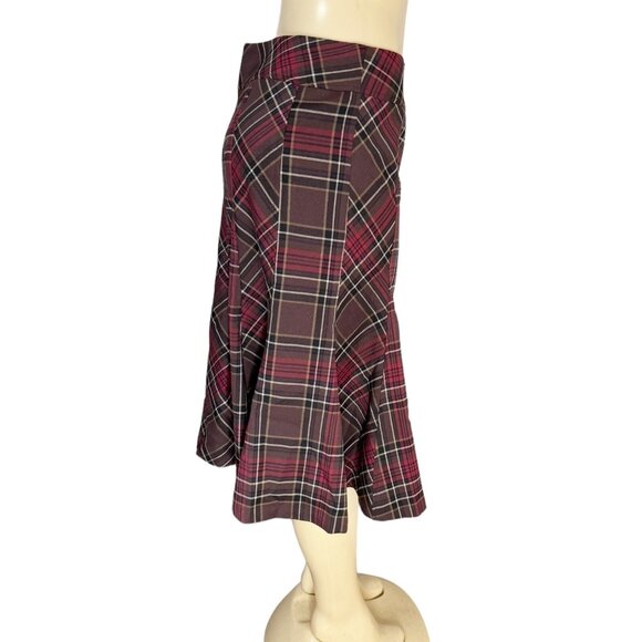 KENAR Brown & Red Plaid Flared Flounce Hem Long Skirt Stretch‎ Academia Corpcore - Picture 10 of 14